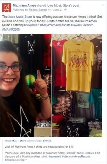 This was a Facebook post for Maximum Ames. I am pictured modeling the new Maximum Ames T-shirts and pointing out the store's newest promotion on Max Ames music and shirts.