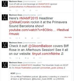 These Maximum Ames tweets support MAMF sponsor Vinyl Cafe and generate buzz about MAMF festival headliners.